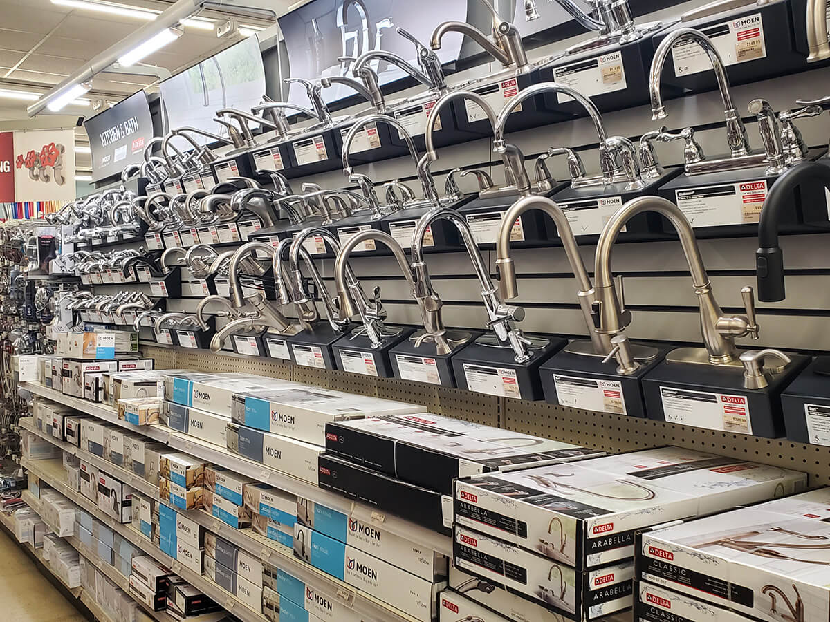 photo showing a variety of kitchen faucets on display at Byrum Ace Hardware in Charlotte