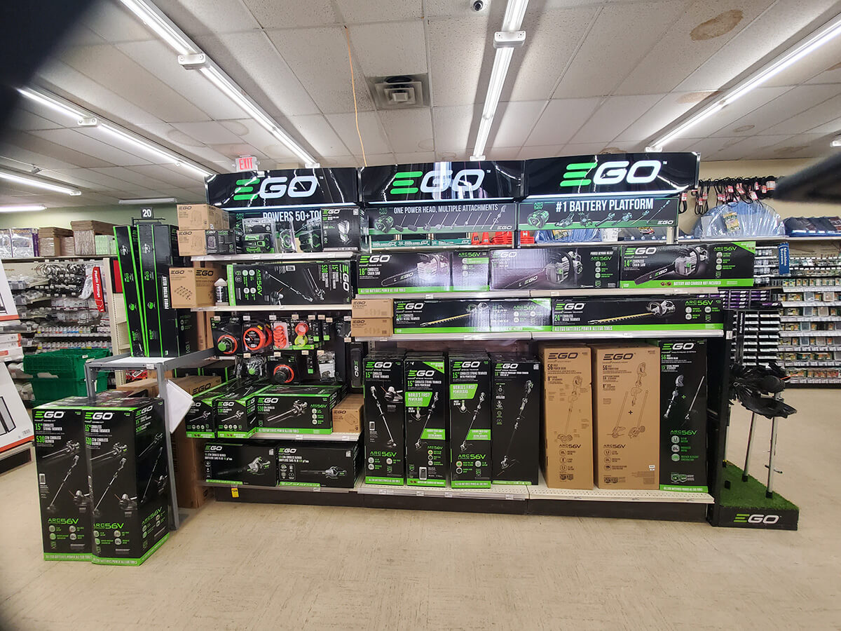 photo showing Ego Outdoor Tools on Display at Byrum Ace Hardware in Charlotte