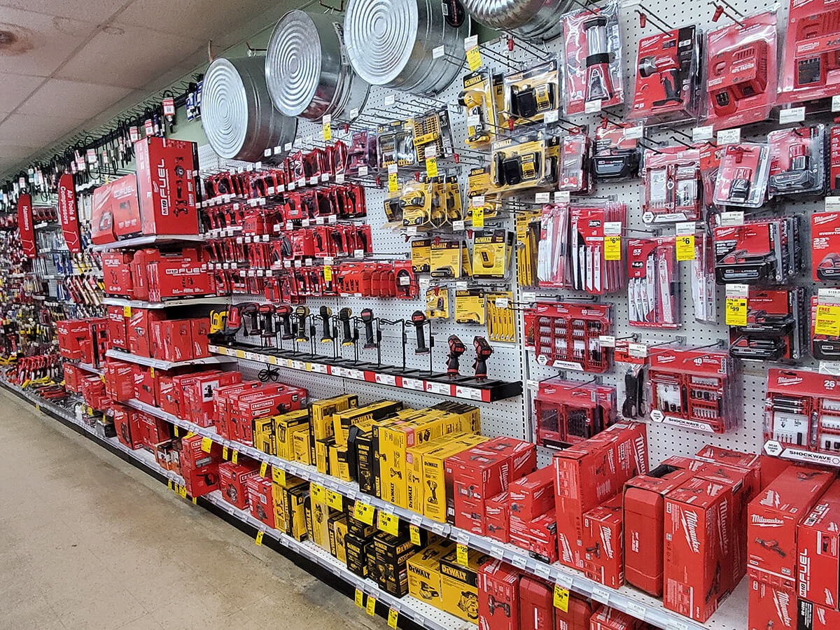 photo showing a variety of power tools on display at Byrum Ace Hardware in Leslie