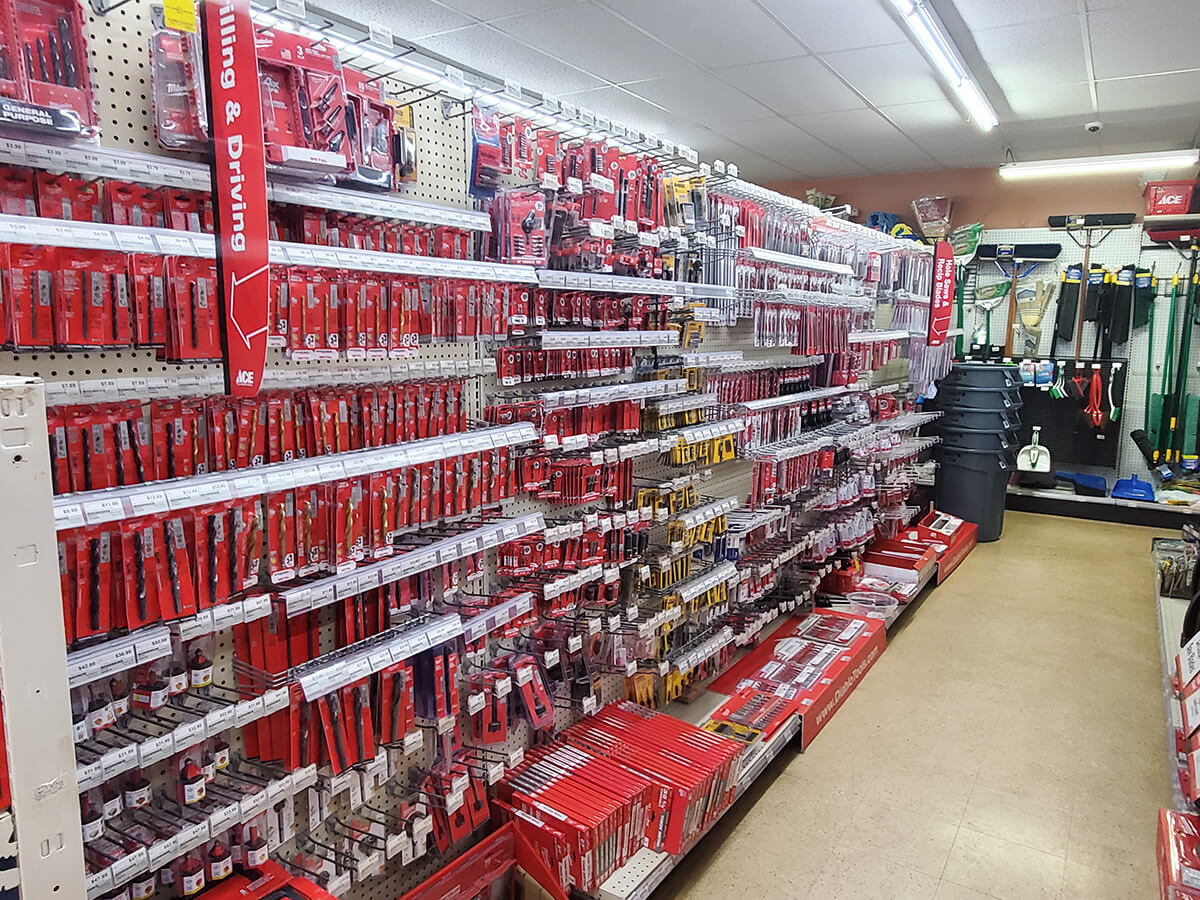 photo showing a variety of Milwaukee power tools accessories on display at Byrum Ace Hardware in Leslie