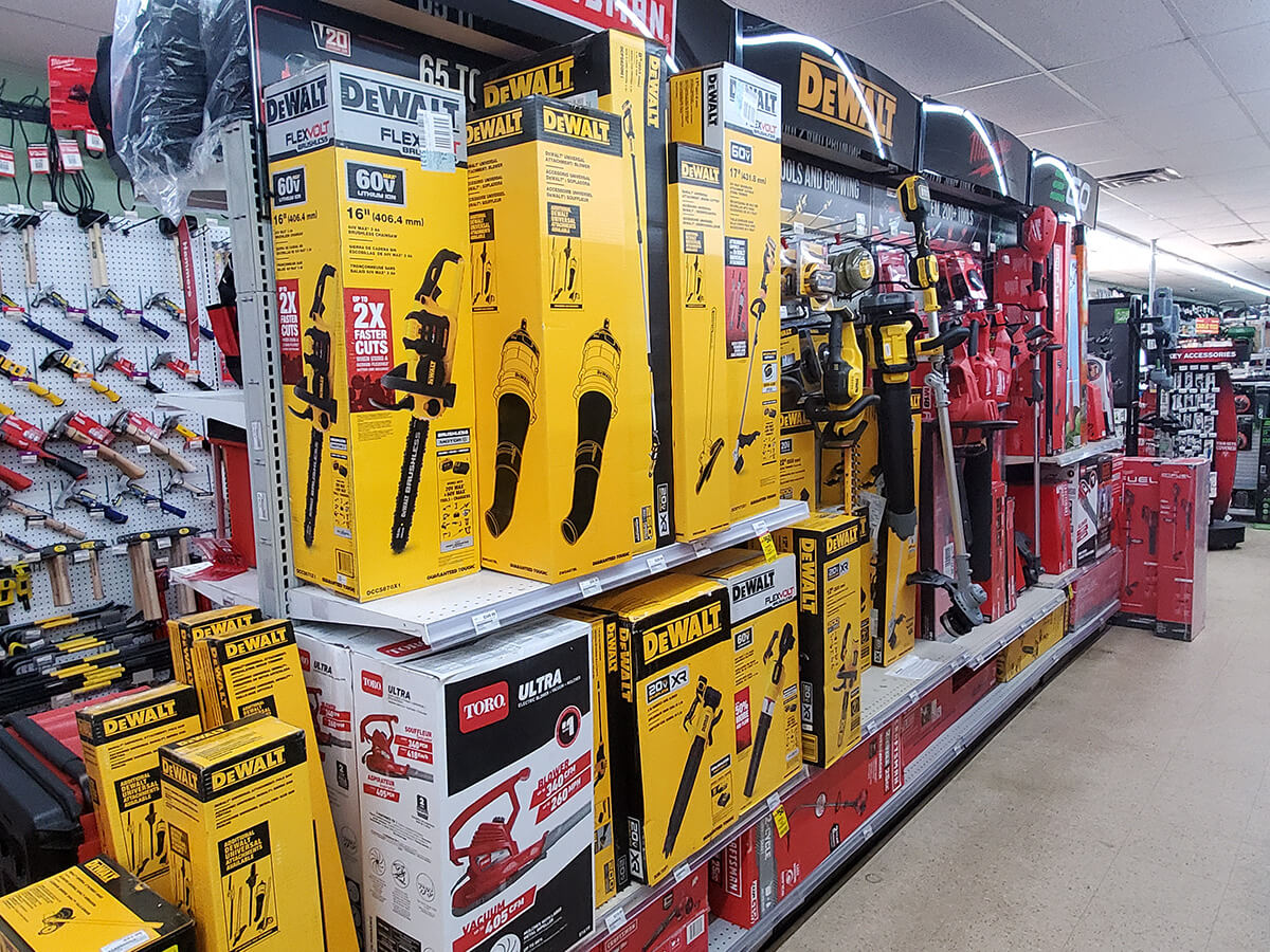 photo showing a variety of DeWalt and Toro Tools on Display at Byrum Ace Hardware in Leslie