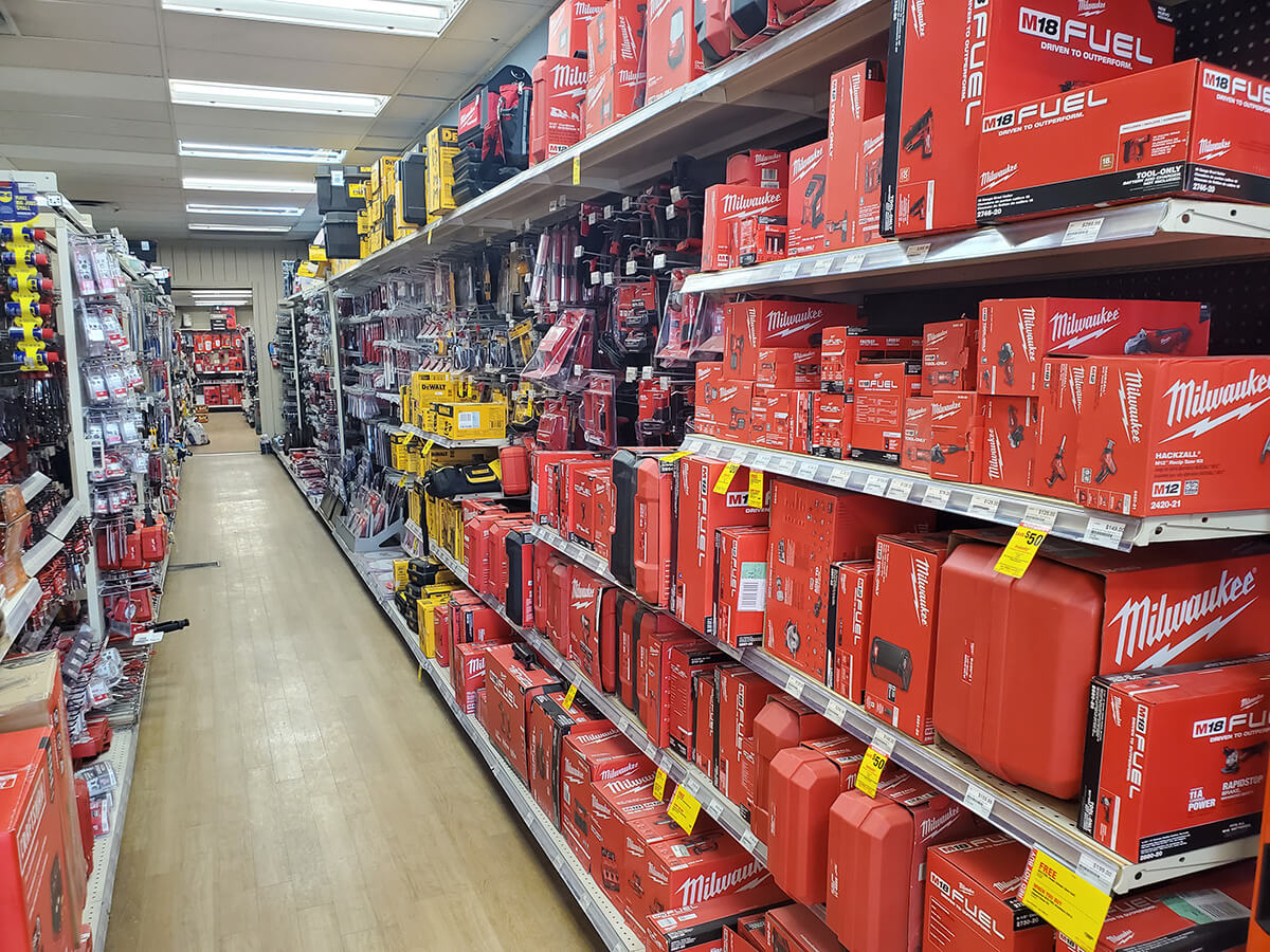 photo showing Milwaukee power tools on display at Byrum Ace Hardware in Pinckney