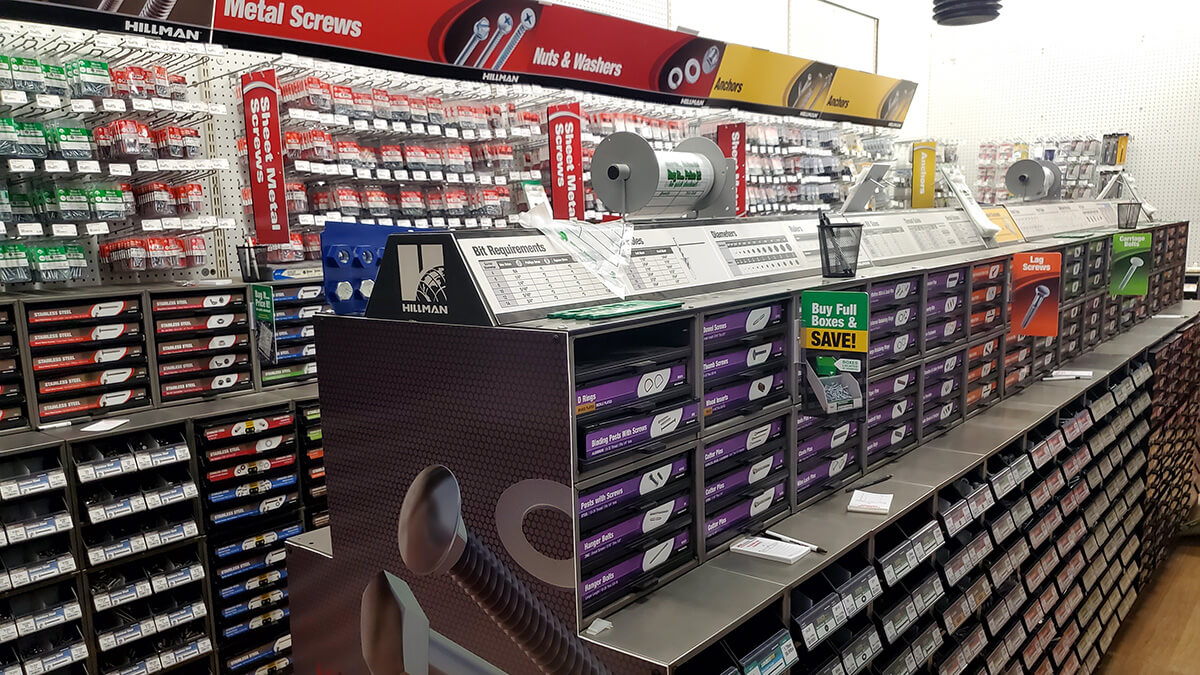 photo showing a variety of fasteners products on display at Byrum Ace Hardware in Pinckney