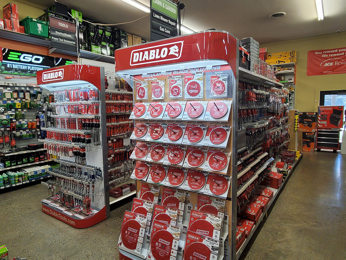 photo showing a variety of Diablo power tools accessories on display at Byrum Ace Hardware in Stockbridge