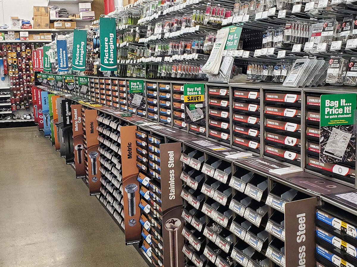 photo showing a variety of fasteners products on display at Byrum Ace Hardware in Stockbridge