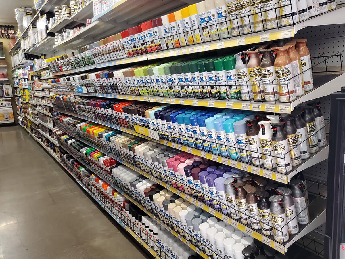 photo showing a variety of Rust-Oleum products on display at Byrum Ace Hardware in Stockbridge